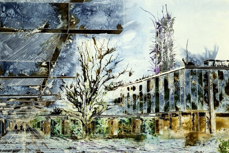 Painting of Catz Oxford Watercolour and acrylic ink painting ofSt Catherine's Main Quad - ©2013 - Cathy Read - Watercolour and Acrylic- 55 x 75 cm