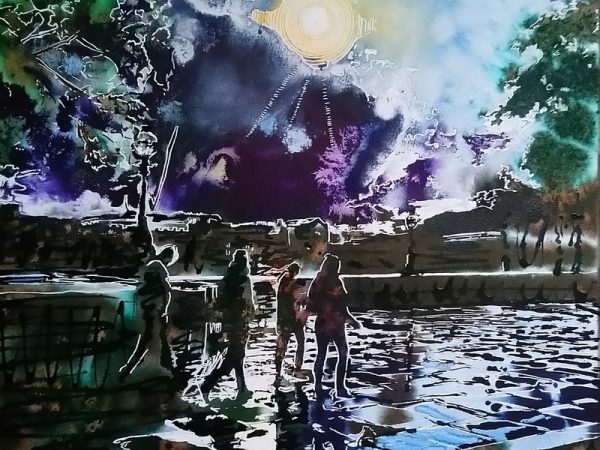 Painting of people walking along the Embankment in London after the rain and with the sun shining overhead. After the rain- ©2020 - Cathy Read - Watercolour and Acrylic - 50 x 40 cm