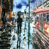 Painting of rainy reflections on the pavement near St Pancras with a London Bus and people with umbrellasSt Pancras Reflections - ©2020-Cathy Read-Watercolour and Acrylic
