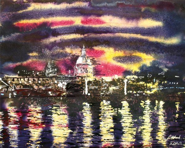 Painting of the Thames at night with light reflecting on the water of the River Thames and St PaulsThames Reflections - ©2020-Cathy Read-Watercolour and Acrylic