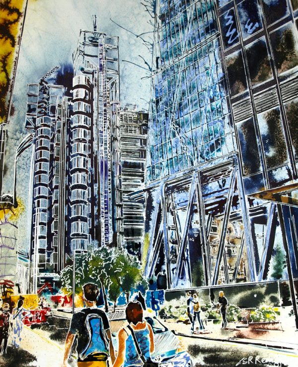 Painting of a couple walking by the Cheesegrater towards the Lloyds building in London