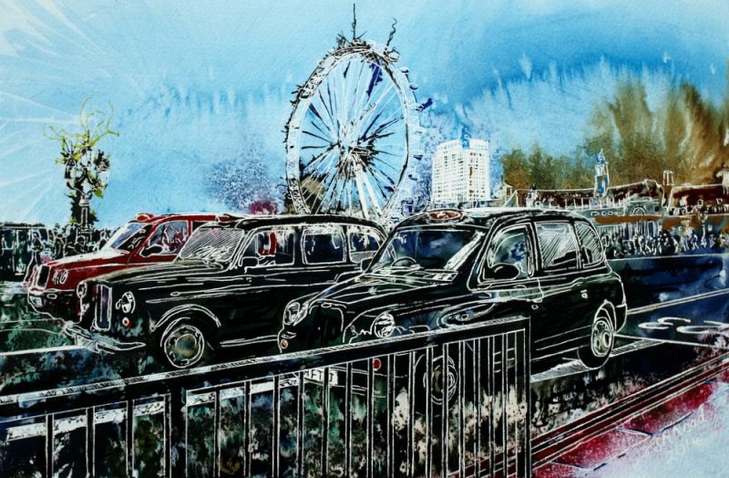 Taxi-Marathon 2-©2014-Cathy Read-Watercolour-and-Acrylic-45-x-60