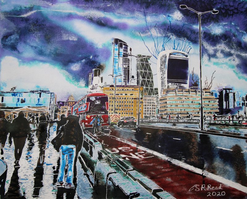 In this Painting of London Bridge, the people ignore you. They're wet, focused on their journey and avoiding the puddles, following a heavy downpour. Painting of London Bridge with pedestrians walking about, traffic crossing the bridge and the Walkie Talkie and Cheesegrater-©2020-Cathy-Read-Watercolour-and-Acrylic-41-x-50.6-cm