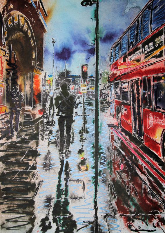 Painting of a London Street by St Pancras Station with puddles, a bus and figures walking with reflections in the puddles.