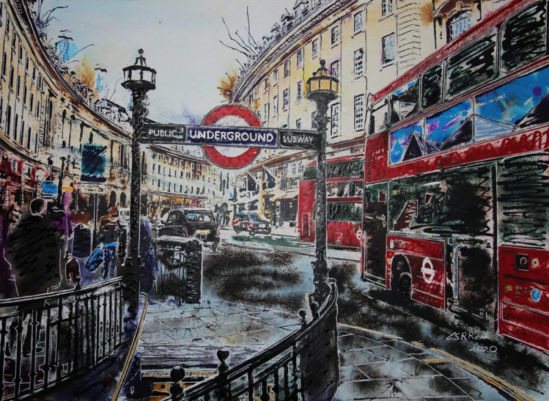 Painting of Regent Street in London by Cathy Read featuring Red London Buses and Black taxis or cabs.