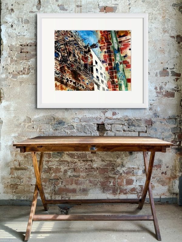 Painting of a Fire Escape in Manchester by Cathy Read in a Room setting