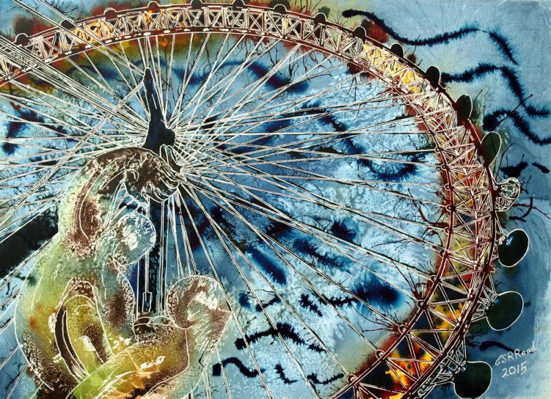 Painting of the London Eye and a sculpture that appears to be holding up the Ferris wheelThe Weight of the Eye  ©2015 - by Cathy Read 