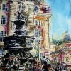 Painting of Piccadilly Circus with Anteros Sculpture and people milling around.