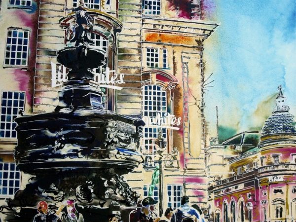 Painting of Piccadilly Circus with Anteros Sculpture and people milling around.