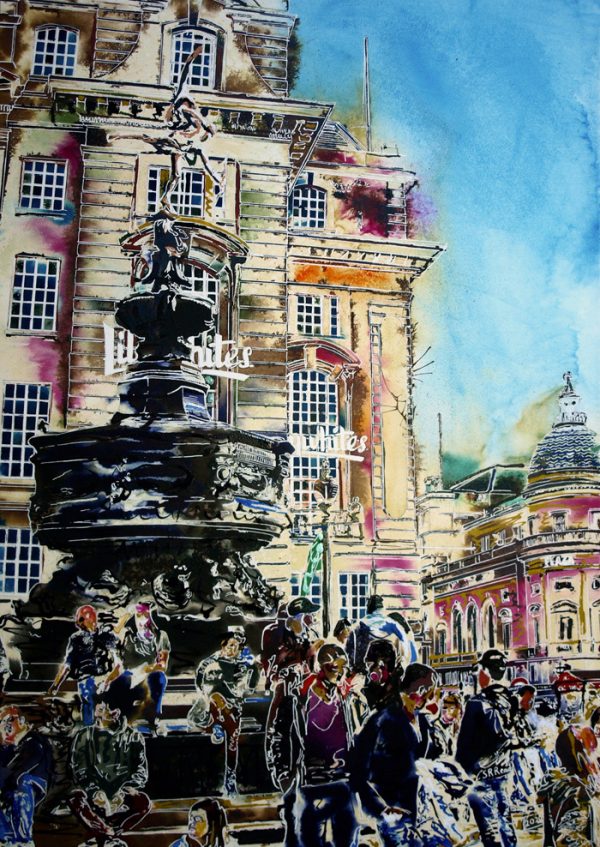 Painting of Piccadilly Circus with Anteros Sculpture and people milling around.