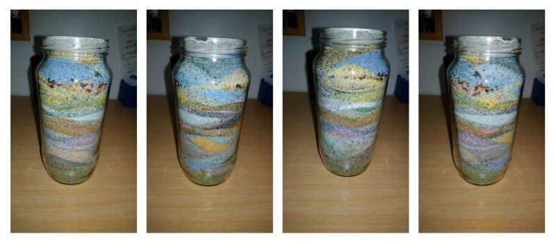 Multiple views of salt pot with coloured sands