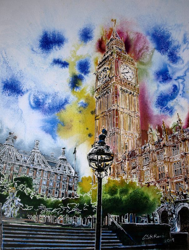 Parliament Painting creation The Houses of Parliament in London painted in bright rainbow colours by Cathy Read