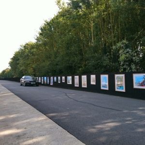 Black Jaguar car driving past an open air art exhibition