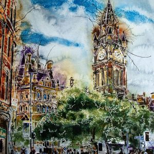 Painting of Albert Square in Manchester with the Town Hall and trees in the foreground. People wandering aroundAlbert-Square-Cathy-Read- 50x40cm-SOLD-©2018