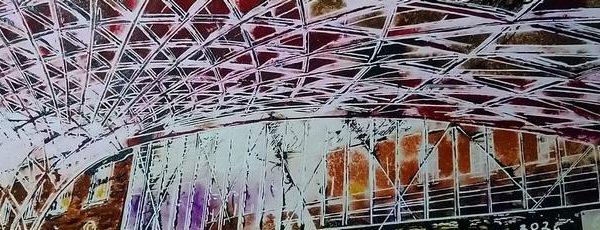 Painting of Kings Cross Station Roof in pink lighting #KingsCrossPainting #OriginalArt
