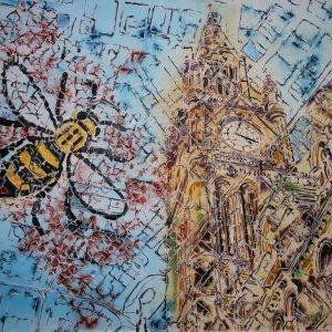 Painting of Manchester featuring the Town Hall, superimposed over an old map and one of the bees from the Great Hall.