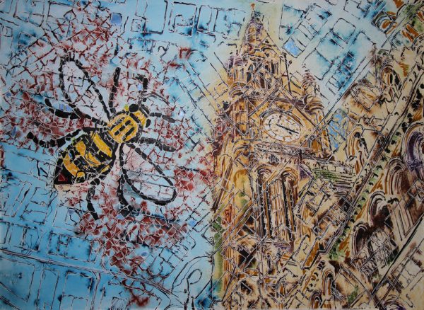 Painting of Manchester featuring the Town Hall, an old map and one of the bees from the Great Hall.