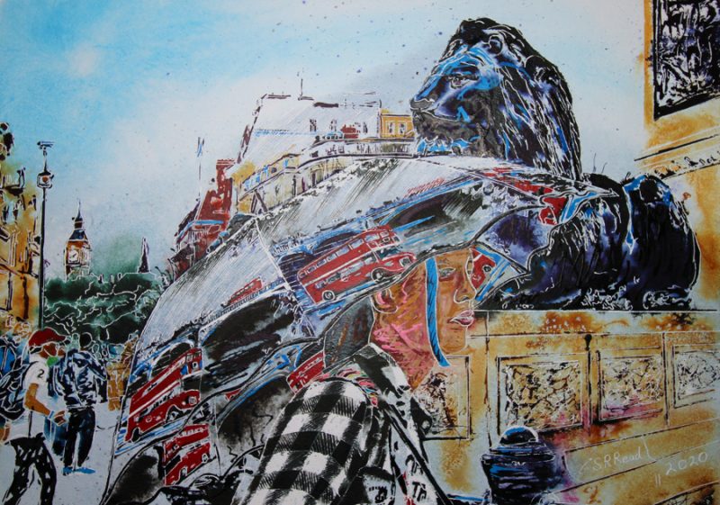 Painting of a woman in Trafalgar Square with a brolly with pictures of London on it. And lion sculpture
