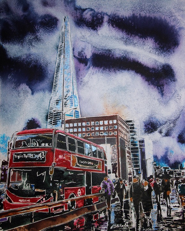 Painting of the Shard and a Bus with reflections in puddles on London Bridgeon a rainy day