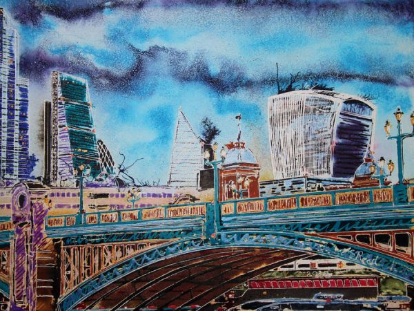 Cathy Read captures the beauty of Southwark Bridge in a city scape painting using watercolours and acrylic ink.