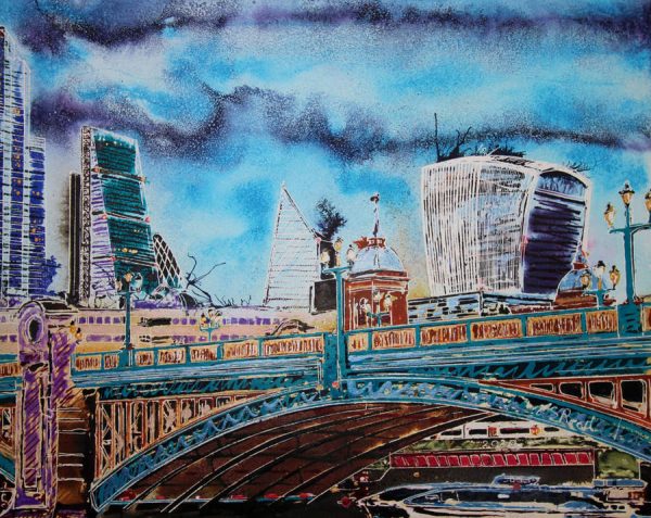Cathy Read captures the beauty of Southwark Bridge in a city scape painting using watercolours and acrylic ink.
