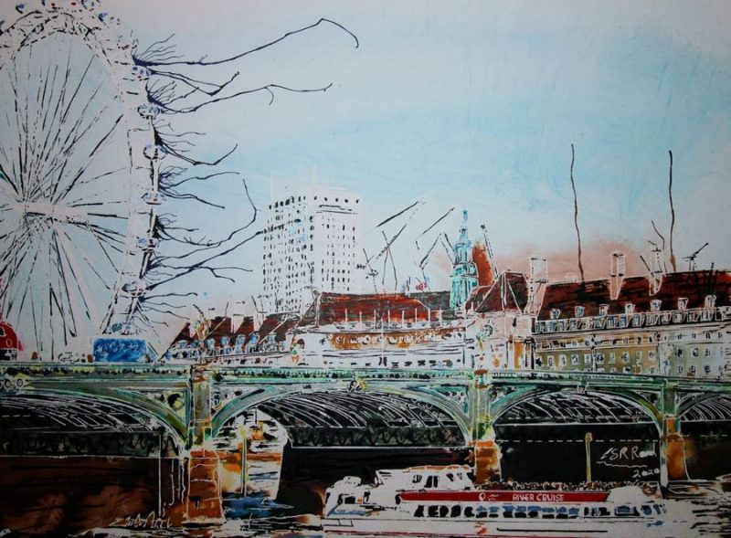 Contemporary watercolour and acrylic ink painting of Westminster Bridge & lively cityscape by Cathy Read.