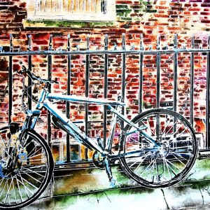 Painting of a bike chained to railing in an alley in London. Created by Cathy Read