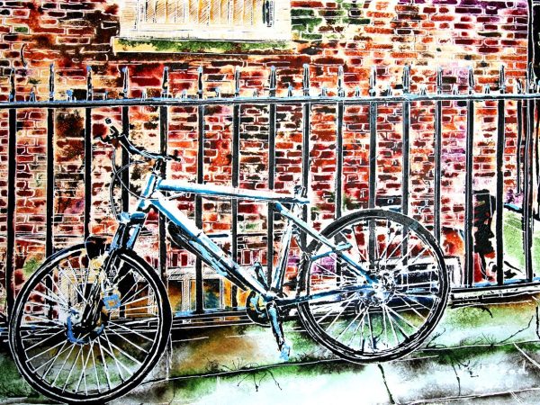 Painting of a bike chained to railing in an alley in London. Created by Cathy Read