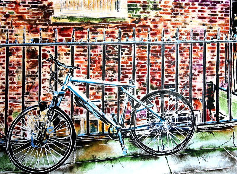 Painting of a bike chained to railing in an alley in London. Created by Cathy Read