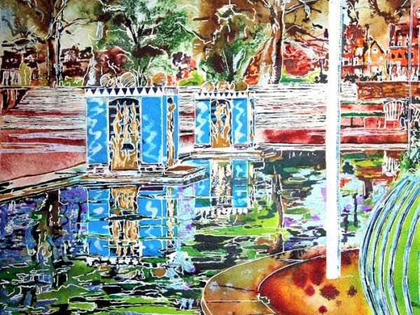 Painting of reflections in the pond at Battersea Park by Cathy Read.