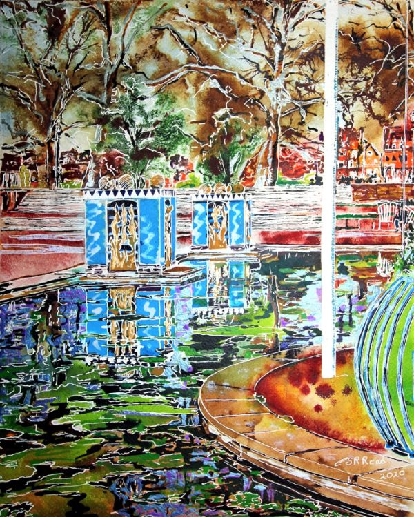 Painting of reflections in the pond at Battersea Park by Cathy Read.