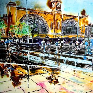 Painting of the Forecourt of Kings Cross Station on a rainy day with reflectiosn and puddles