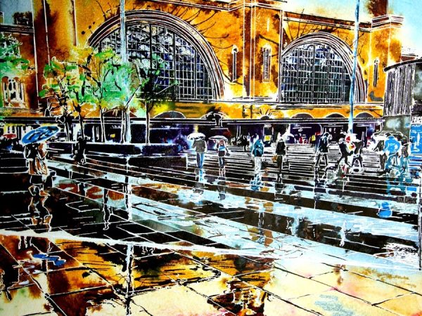 Painting of the Forecourt of Kings Cross Station on a rainy day with reflectiosn and puddles