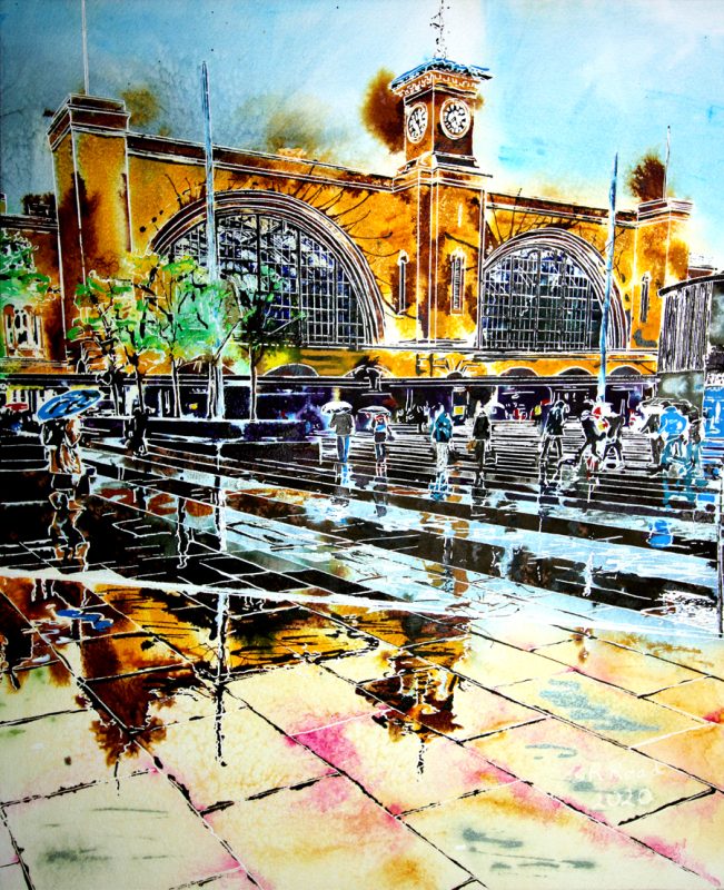 Painting of the Forecourt of Kings Cross Station on a rainy day with reflectiosn and puddles