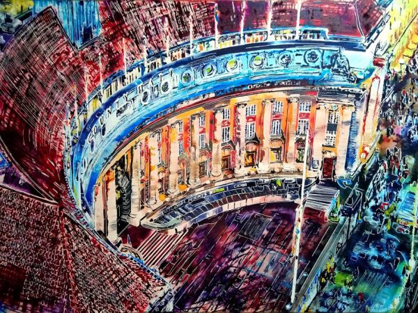 Painting of County Hall on the South Bank of the Thames as seen from the London Eye and lit up at night