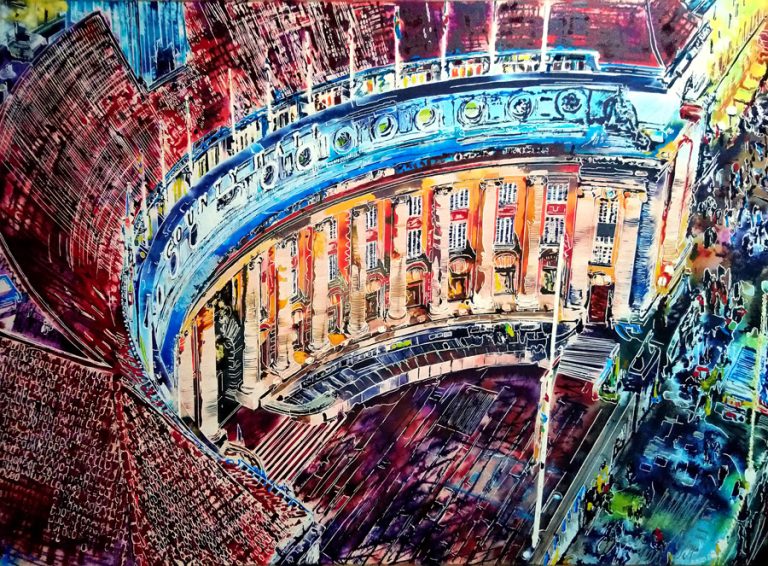 Painting of County Hall on the South Bank of the Thames as seen from the London Eye and lit up at night