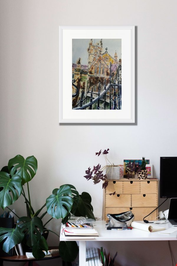 Room setting with original painting of Southwark Cathedral by Cathy Read