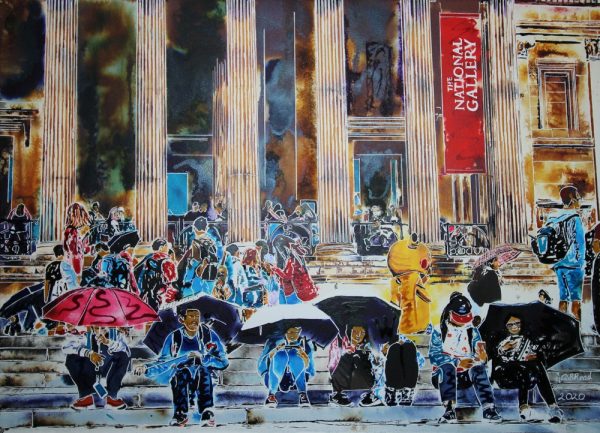 Cultural Exchange is a Cathy Read painting in watercolour and acrylic inks depicting tourists on the National Gallery steps in Trafalgar Square in London.