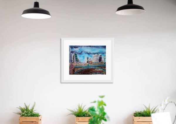 Room Setting with painting of Southwark Bridge by Cathy Read
