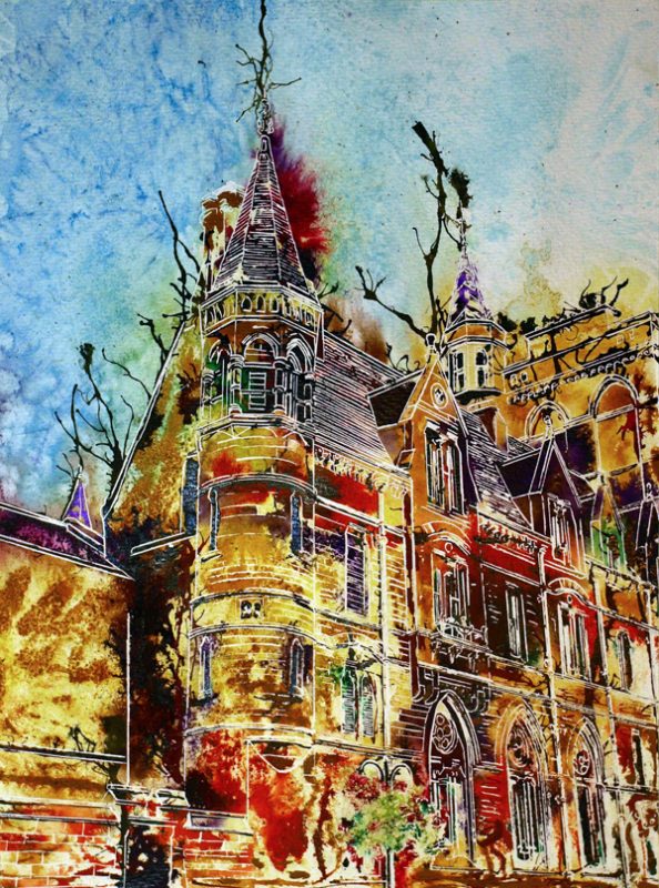 Balliol College original painting of the Oxford College - Looking uo at one of the corner turrets on Broad Street ©2014-Cathy Read-Watercolour and Acrylic-28x-38-cm