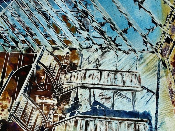Painting of a wooden staircase that leads to nowhere. Stairway to Heaven - ©2014 - Cathy Read - Watercolour and Acrylic - 38x28 cm