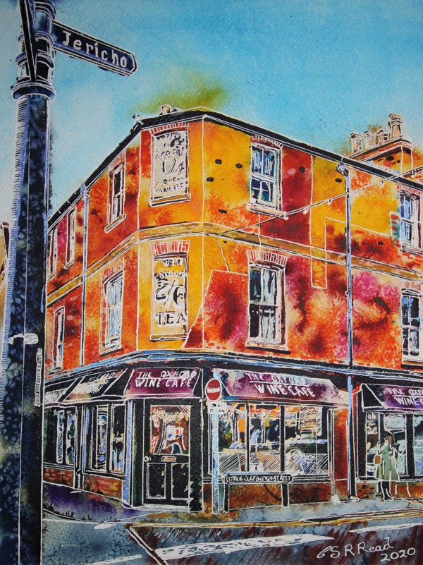 Painting of the Oxford Wine Cafe on the junction of Walton Street and Little Clarendon Street in Oxford. Commission pianting created by Cathy Read Artist