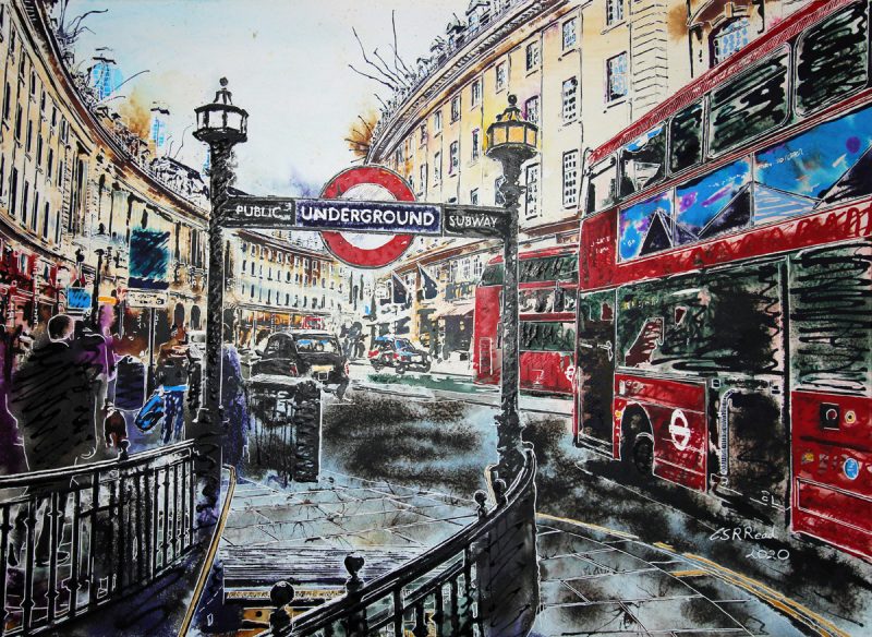 Painting of Regent Street in London by Cathy Read featuring red London buses and black taxis or cabs.