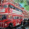 Painting of Lower Sloane Street with a Tea Bus, a bright red London Bus