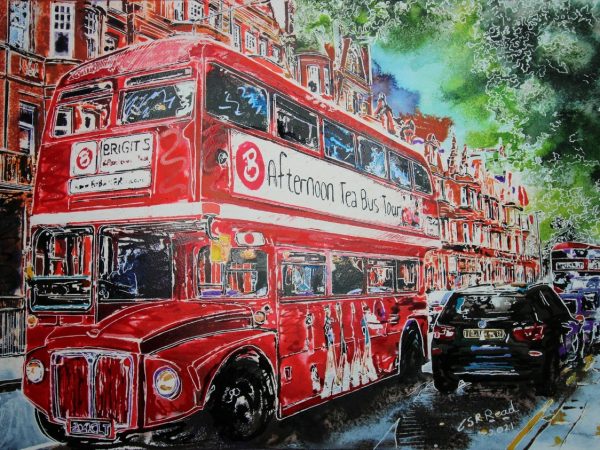 Painting of Lower Sloane Street with a Tea Bus, a bright red London Bus