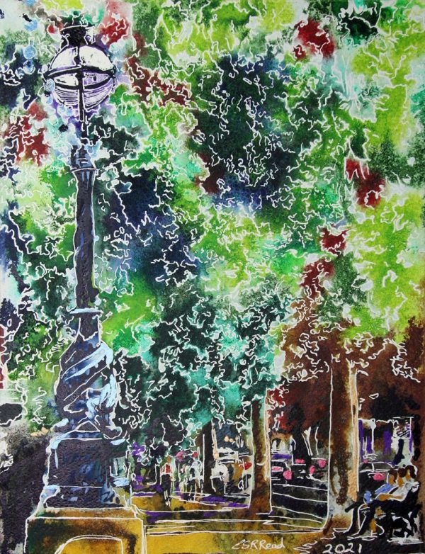 Watercolour and acrylic painting of the Embankment.