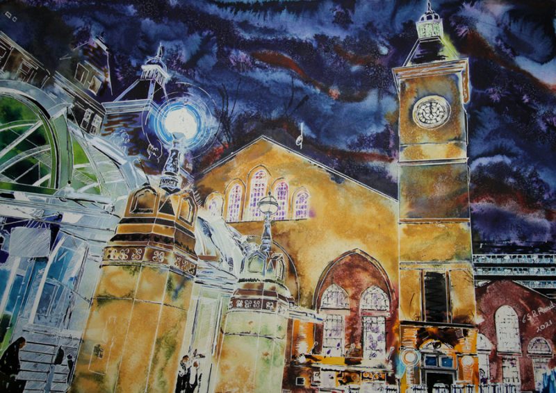 Original painting of Liverpool Street Station at Night by Cathy Read