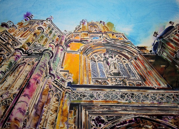 Original painting of Christ Church, Oxford Tom Tower - ©2021 - Cathy Read - Watercolour and Acrylic ink