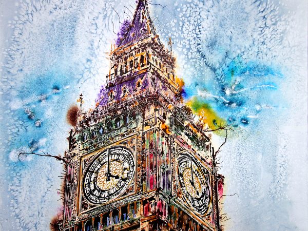 Painting of Big Ben, the clock towers and the Houses of Paliament - ©2018- Cathy Read - 61 x 61cm Watercolour and acrylic ink