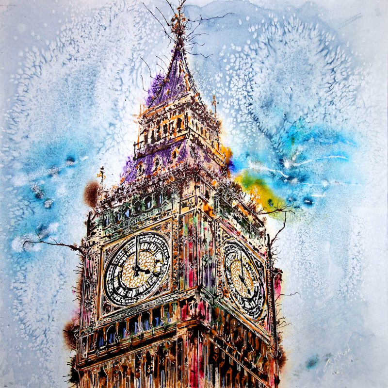 Painting of Big Ben, the clock towers and the Houses of Paliament - ©2018- Cathy Read - 61 x 61cm Watercolour and acrylic ink